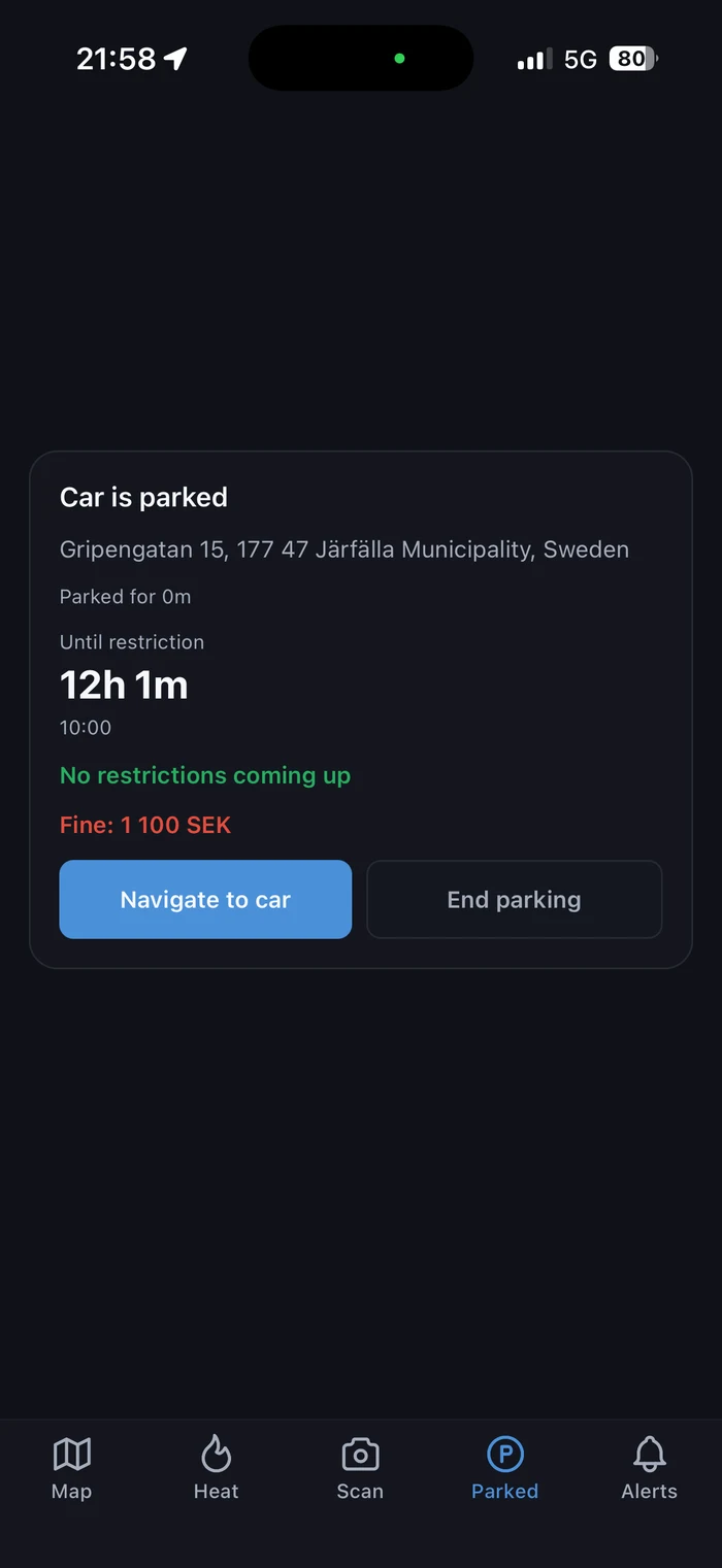 Aktiv parkeringssession med nedräkning till städnatt